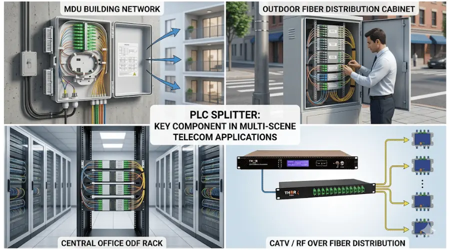 PLC splitter applications in MDU networks, outdoor cabinets, ODF racks, and CATV fiber distribution PLC splitter applications in MDU networks, outdoor cabinets, ODF racks, and CATV fiber distribution